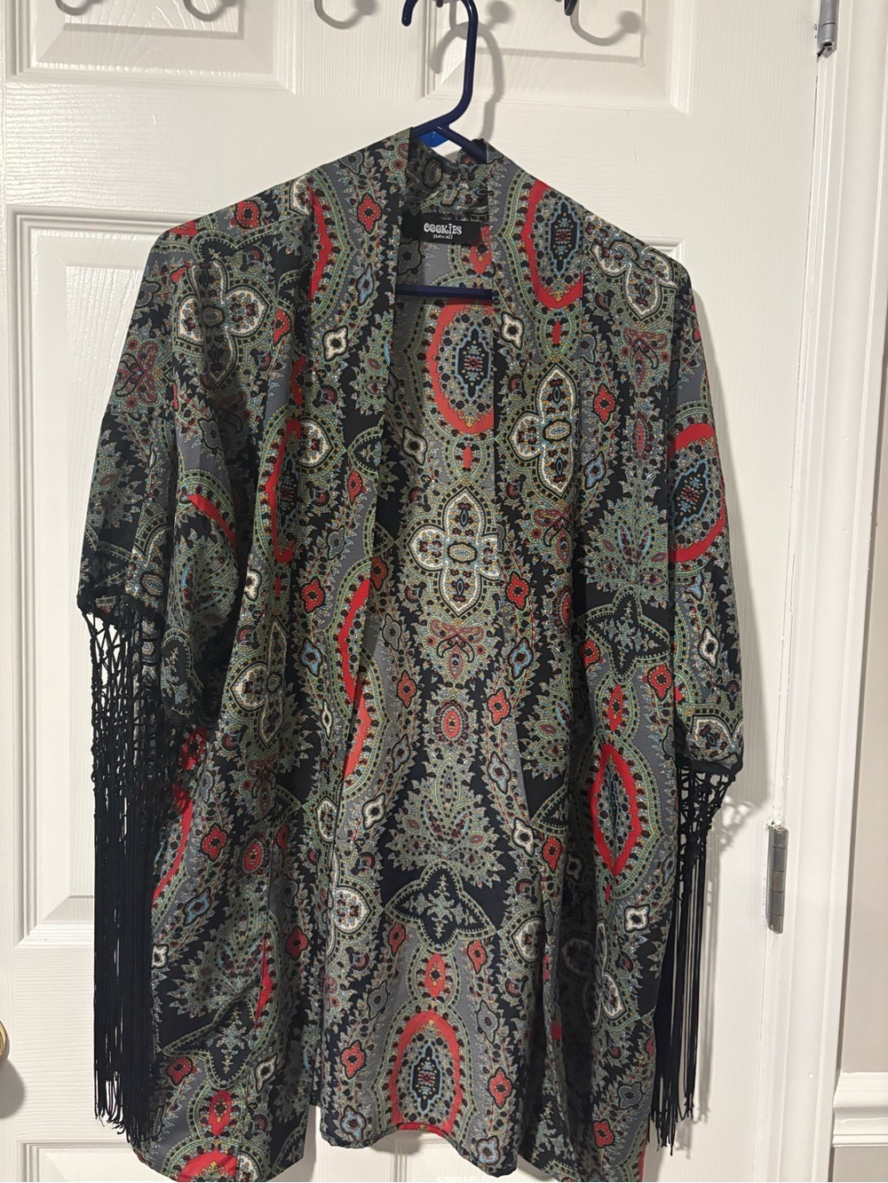 COOGI Black Paisley Fringe Kimono with Red and Green Accents